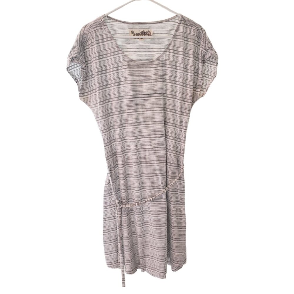 Aventura Organic Cotton grey striped dress w/ tie belt dolman sleeve sz L travel
